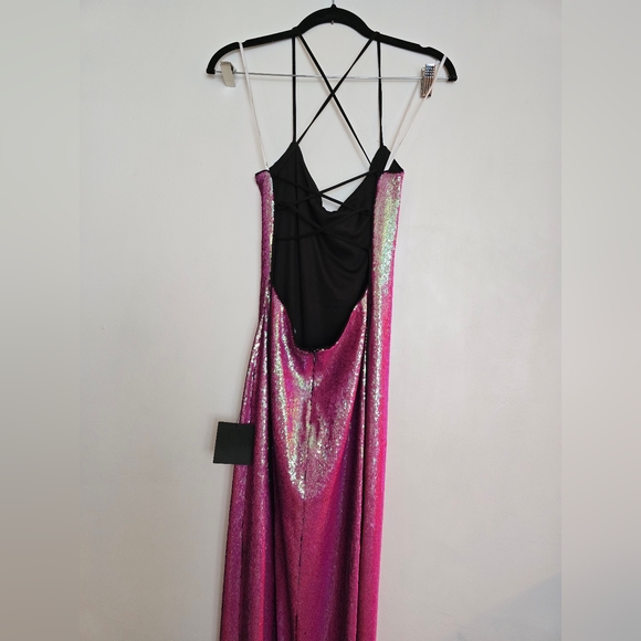 Lulu's Glam Diva Iridescent Hot Pink Sequin Lace-Up Maxi Dress - Picture 5 of 9